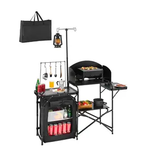 Camping Kitchen Table, Outdoor Camp Cooking Table, Aluminum Portable Cook Station with Storage Cupboard, Carrying Bag, Detachable Windscreen, Quick Set-up for BBQ Party Picnic RV Travel, Black