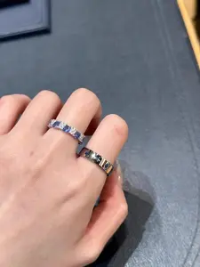 Vintage Blue Sapphire Zircon Couple Ring Set - Polished Silver Band, Minimalist Luxury Niche Wedding Promise Gift for Lovers
