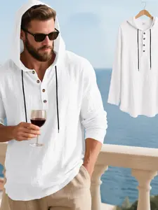 Men's Breathable Linen Hooded Long Sleeve Outdoor Beach Henley T-Shirt, Loose-Fitting Spring Summer Fashion, Minimalist Casual Plain Design