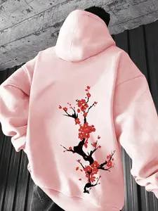 Men's Floral Print Drop Shoulder Hoodie, Fashion Casual Regular Fit Drawstring Pocket Hooded Sweatshirt for Daily Holiday Outdoor Wear, Men Clothes for Fall & Winter, Drawstring Pocket Hoodies
