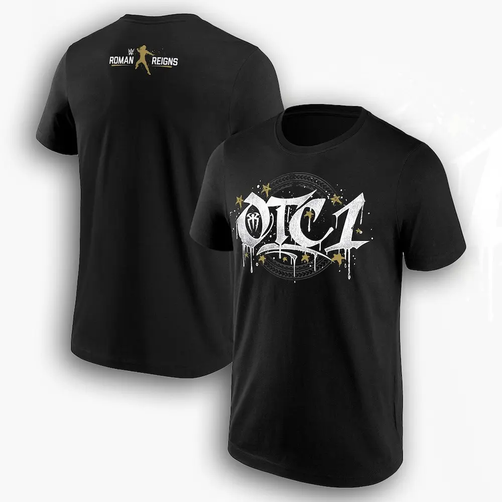 Roman Reigns Gold OTC1 Graphic T-Shirt - Black, Menswear, Casual, Round Neck, Short-Sleeve Tribal Chief Wrestling Tee, Original USA-Made Apparel