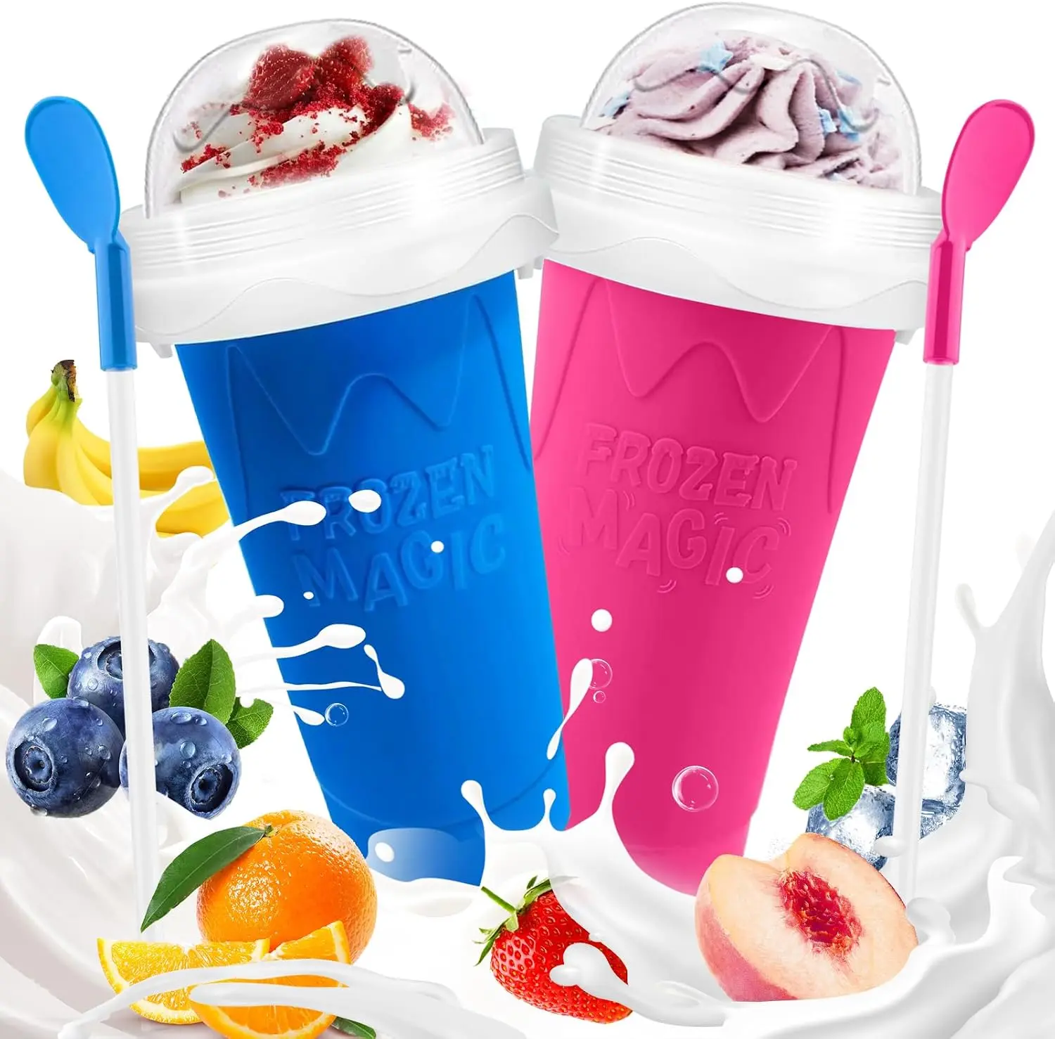 Slushie Cup, 2 Pack Cool Stuff DIY Magic Slushy Cup | Quick Frozen, with Lids and Straws, Slushy Maker Cup for Juice Milk Ice Cream, Squeeze Cups for Kids Teens Family (Blue+Pink)