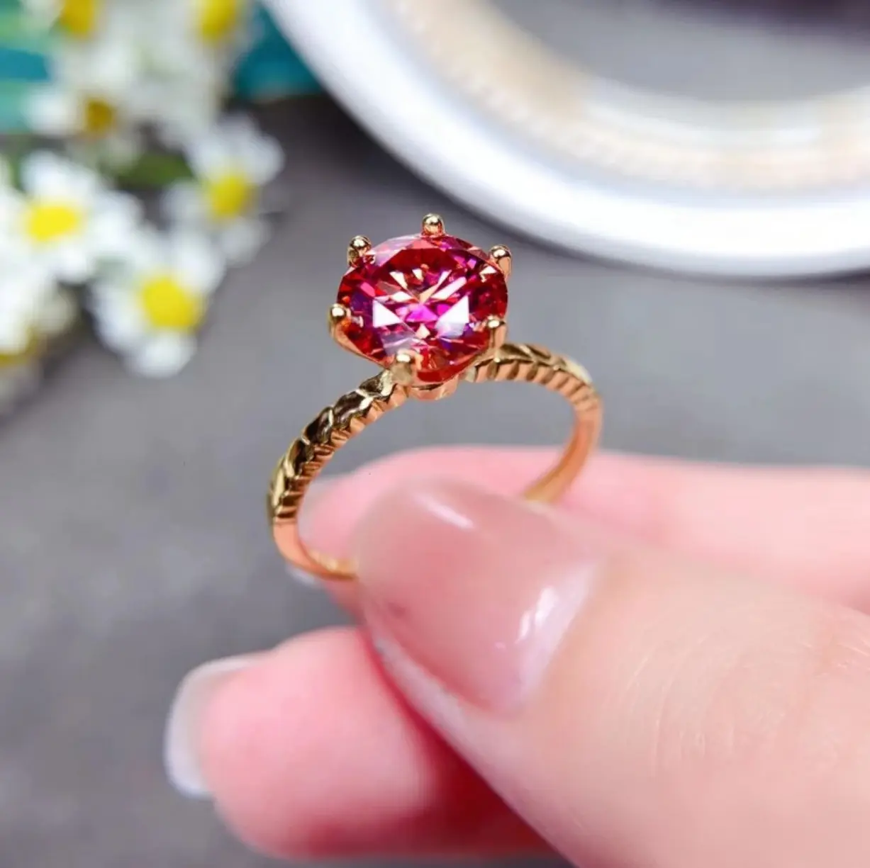 Exquisite 14K 925 Sterling Silver 2CT Blood Orange Moissanite Gemstone Ring (Size 9-12)