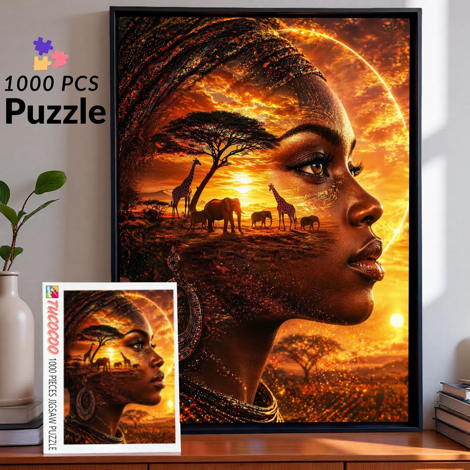 1000-Piece African Sunset Spirit Jigsaw Puzzle (jsp-safarispirit) - Animals & Nature Double Exposure Safari Portrait with Wildlife, Sunset, Acacia Tree Artwork, Challenging Brain-Training Game for Adults, 27.5x20 inches/70x50 cm Wall Decor Gift