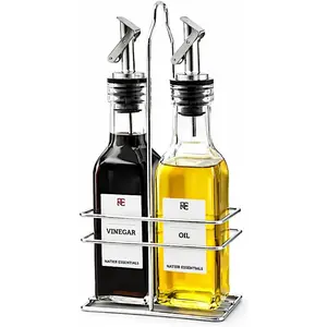 6 Oz Oil and Vinegar Bottle  Set with Wire  - 2 Pack Glass Dispenser Bottles (Stainless Steel Spout)