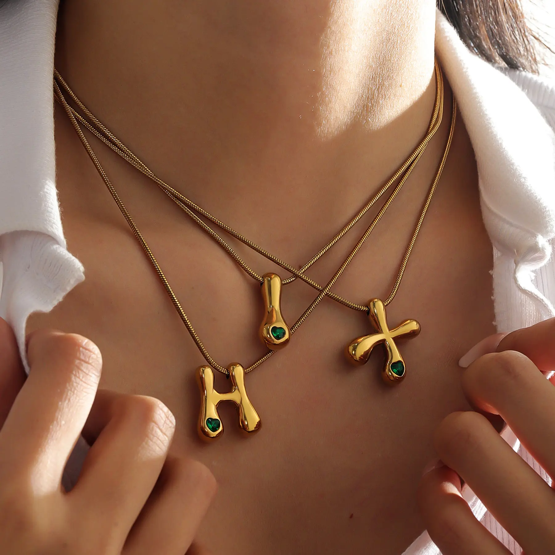 18K Gold Plated Chunky Bubble Initial Letter Necklace with Tiny Heart Emerald CZ, Dainty Thin Snake Chain Puffy Alphabet Pendant, Minimalist Custom Monogram Jewelry Gift for Women Daily Layering Outfits