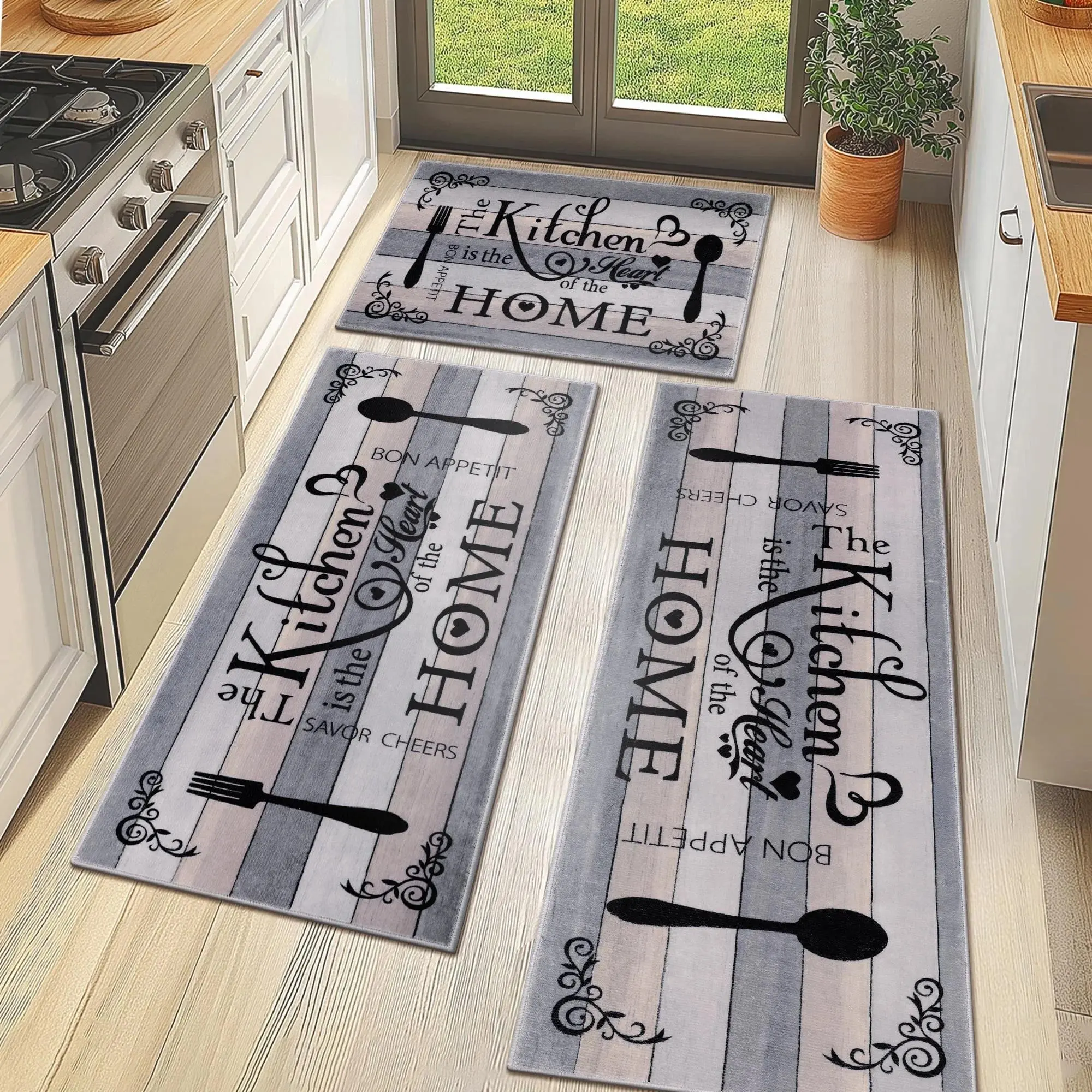 Farmhouse Kitchen Rug Set, 3 Piece Non-Slip Kitchen Mat Machine Washable Runner Rug for Home Floor and Living Room, Gray/Beige,Abstract,dining,Grey,new,Thick,Fluffy