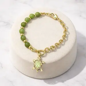 Gold Turtle Charm Bracelet with Green color Beads | Elegant Lucky Jewelry | Adjustable Chain