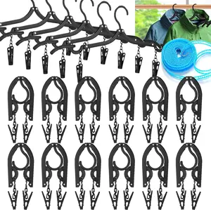 12 count Travel Hangers,Portable Folding Clothes Hanger,Travel Accessories Foldable Travel Hangers with Clips,Foldable Clothes Drying Rack for Travel,Black Plastic Non Slip Clothing Hangers
