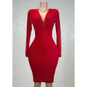 BIRDIE RED MESH RUCHED BODYCON V-NECK MIDI DRESS BIRDIE RED MESH RUCHED BODYCON V-NECK MIDI DRESS