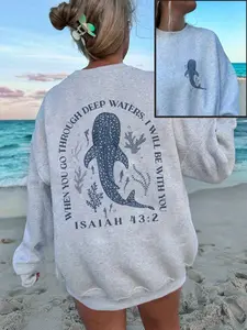 Viral Aesthetic Christian Whale Shark Sweatshirt – Cozy Cotton-Blend Crewneck Featuring Isaiah 43:2 Bible Verse, Ocean-Inspired Printed Graphic Pullover, Animal Print, Perfect for Beach Days, Casual Outfits, Faith-Based Streetwear, Viral TikTok Top