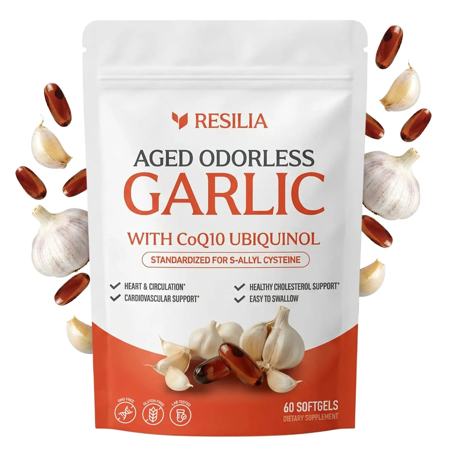Resilia Odorless Aged Garlic Extract 1200 mg softgels with CoQ10 Ubiquinol and Vitamin K2 (as MK-7), 20-Month Matured Garlic, 60 Softgels