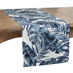 SARO  16 x 72 in. Oblong Outdoor Runner with Blue Tropical Leaf Design