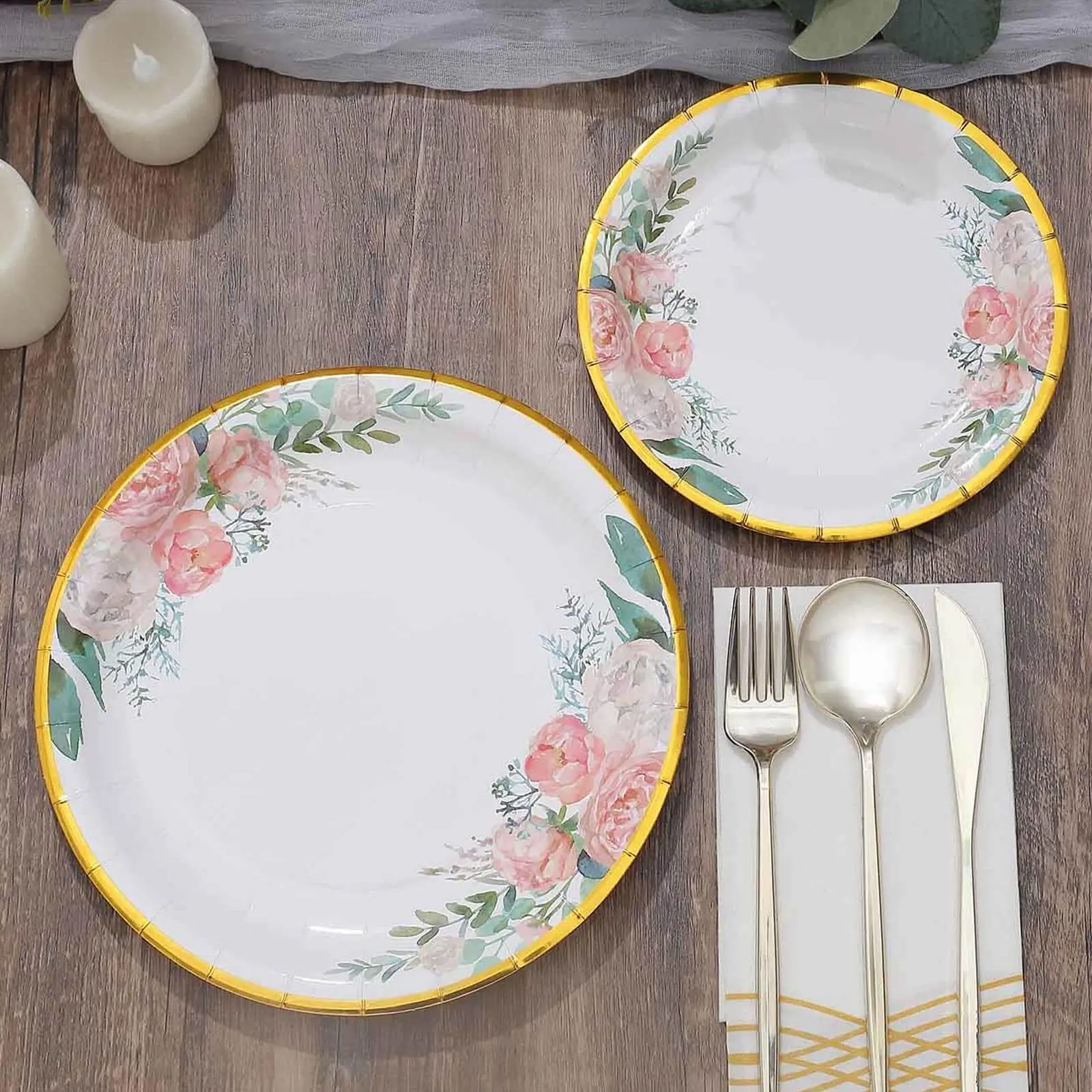 Disposable 7" Round White Paper Flower Plates - 25-Pack Peony Floral Design with Gold Rim, Floral Party Plates for Wedding, Brunch Teas, Dessert, Salad, Appetizer (Home & Festive Supplies)