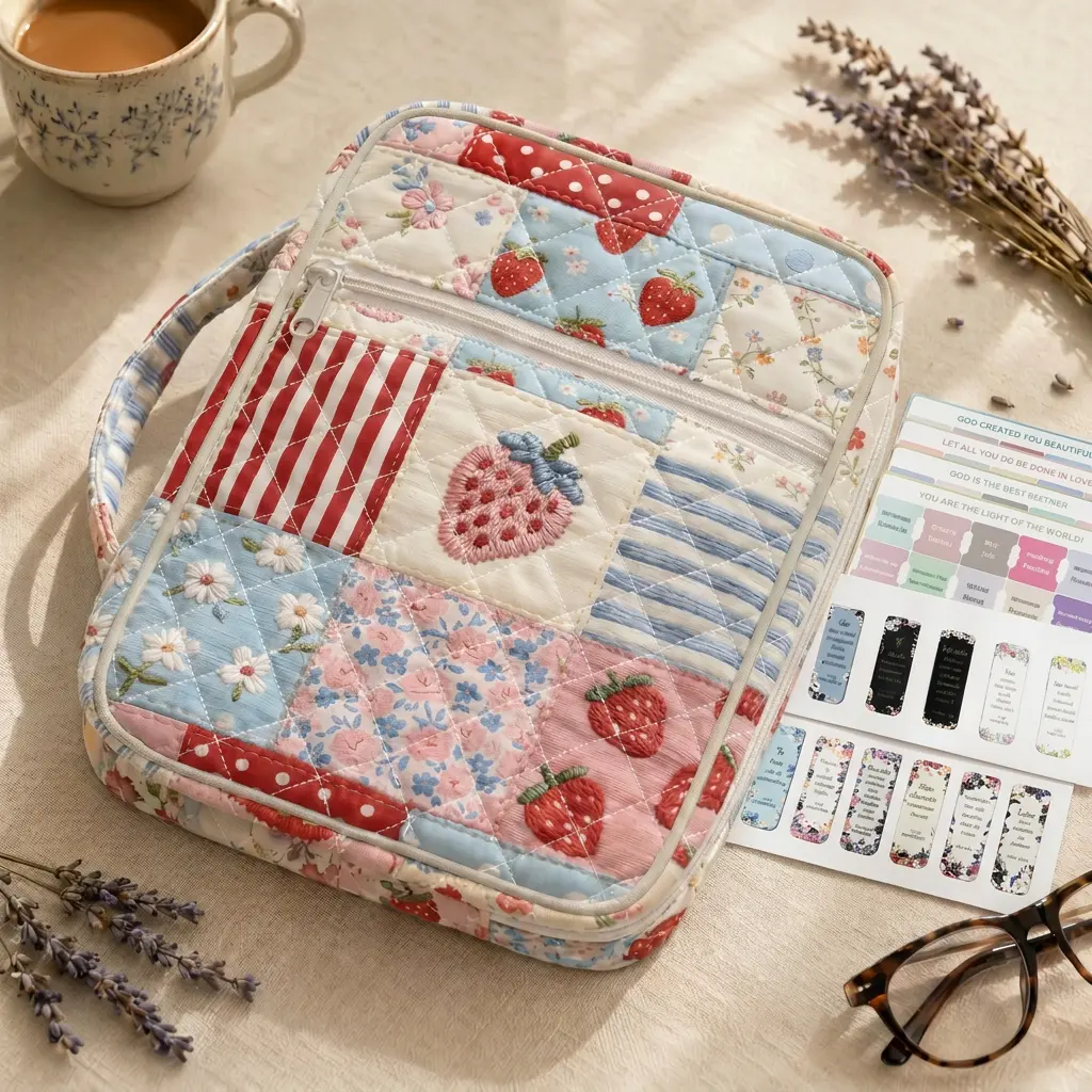 Quilted Bible Cover Case for Women, Strawberry Large Bible Bag with Handle Bookmark, Lightweight Carrying Case Church Book Holder
