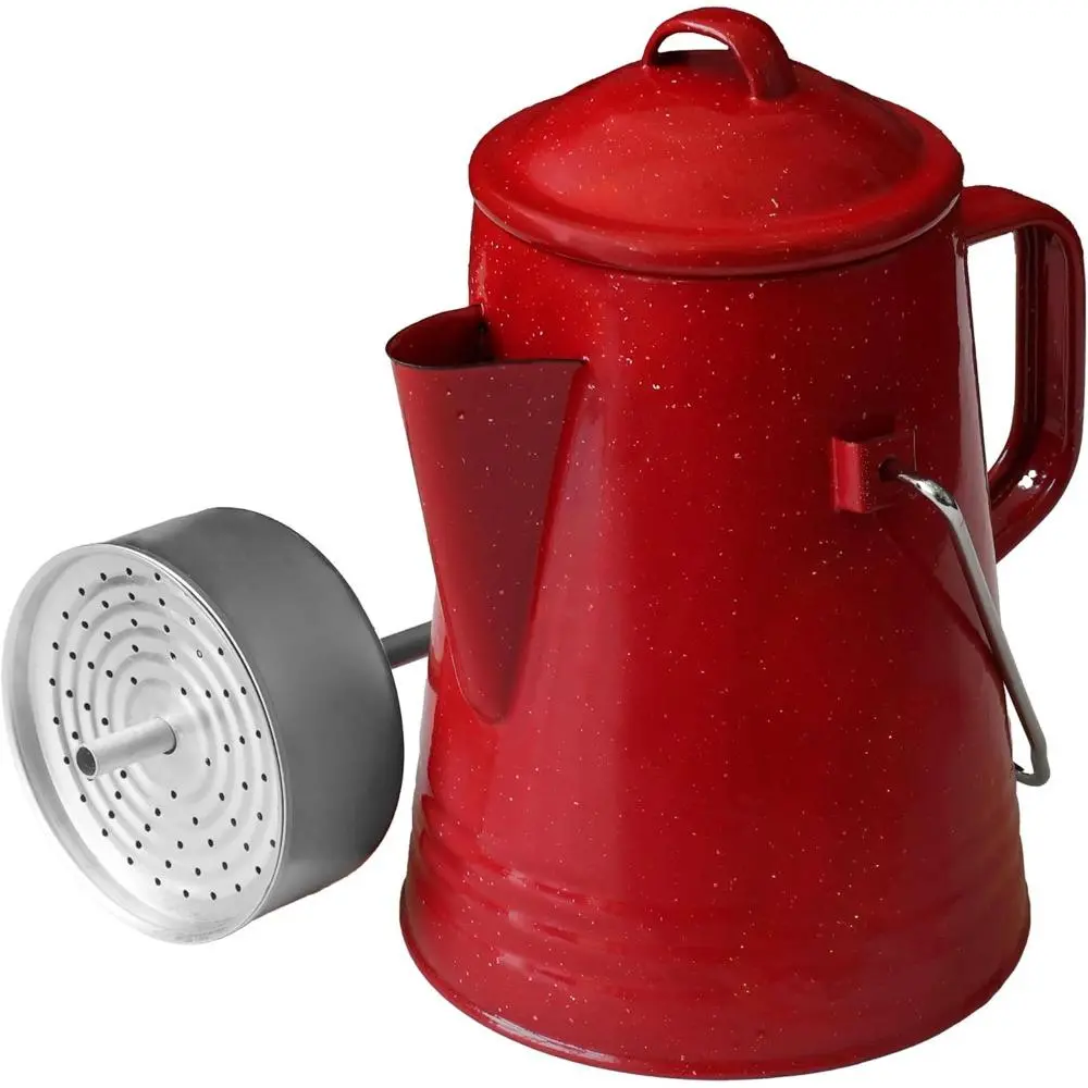 Red Vintage 8-Cup Glazed Enamel Steel Percolator, Rustproof Pot with Top and Side Handles for Camping, Hunting (Sports & Outdoor Camping & Hiking Picnicware)