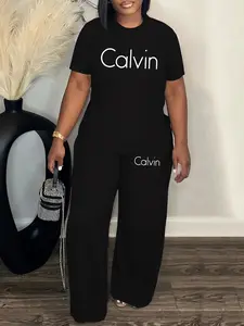 Fashionable Women's Elegant Two-Piece Set with Calvin Letter Print, All Seasons Comfortable Fitted Pocket Wide Leg Pants and Short Sleeve Top