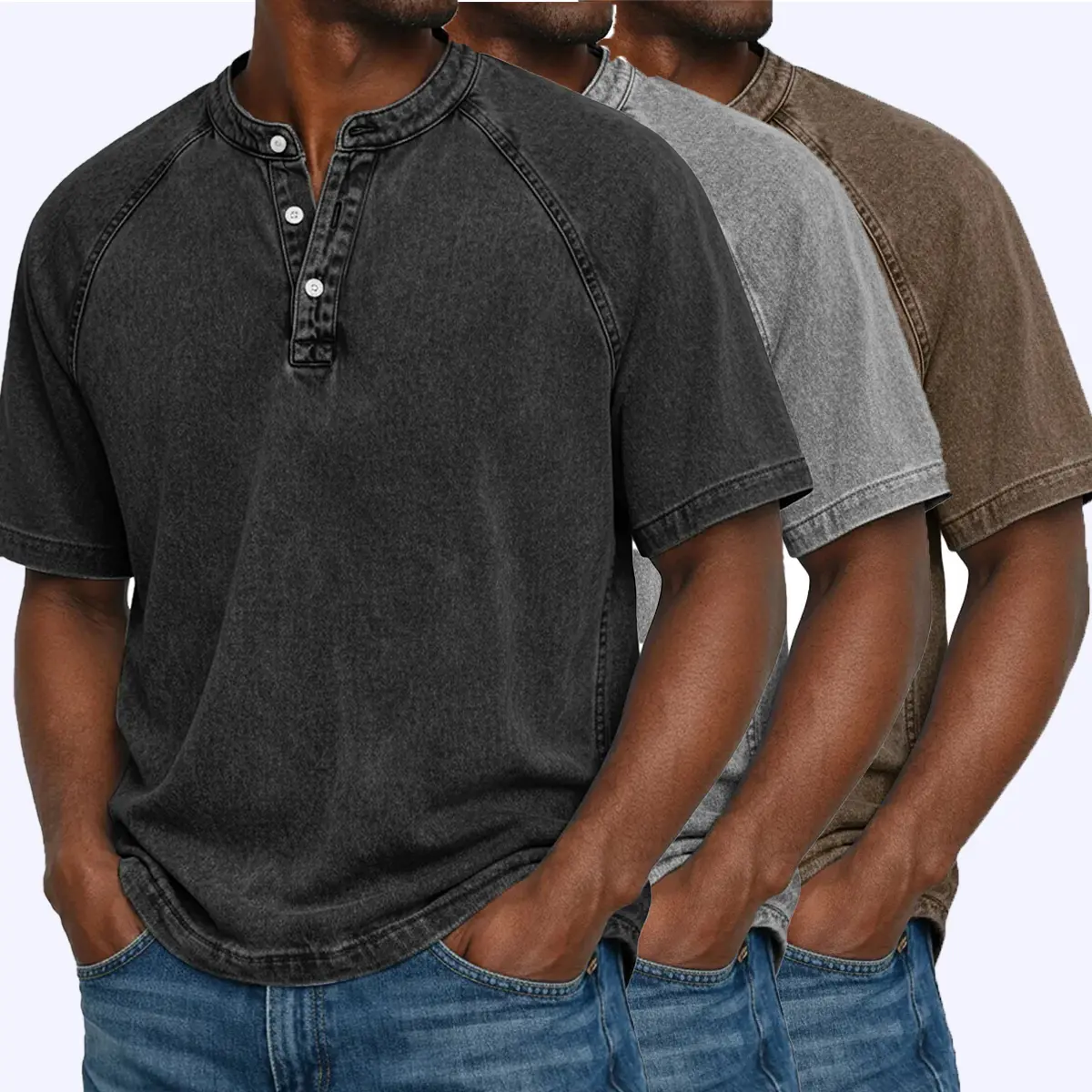 Men's V-Neck  Solid Color3-Pack  T-Shirt,chusne  Black Denim Tie-Dye Washed Casual Topslim-fit  washed pullover casual shirt