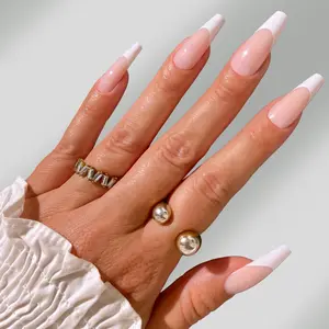 Classic French Extra Long Coffin Press-on Nails - Neutral Base with Crisp White Tip for Salon-Quality Finish