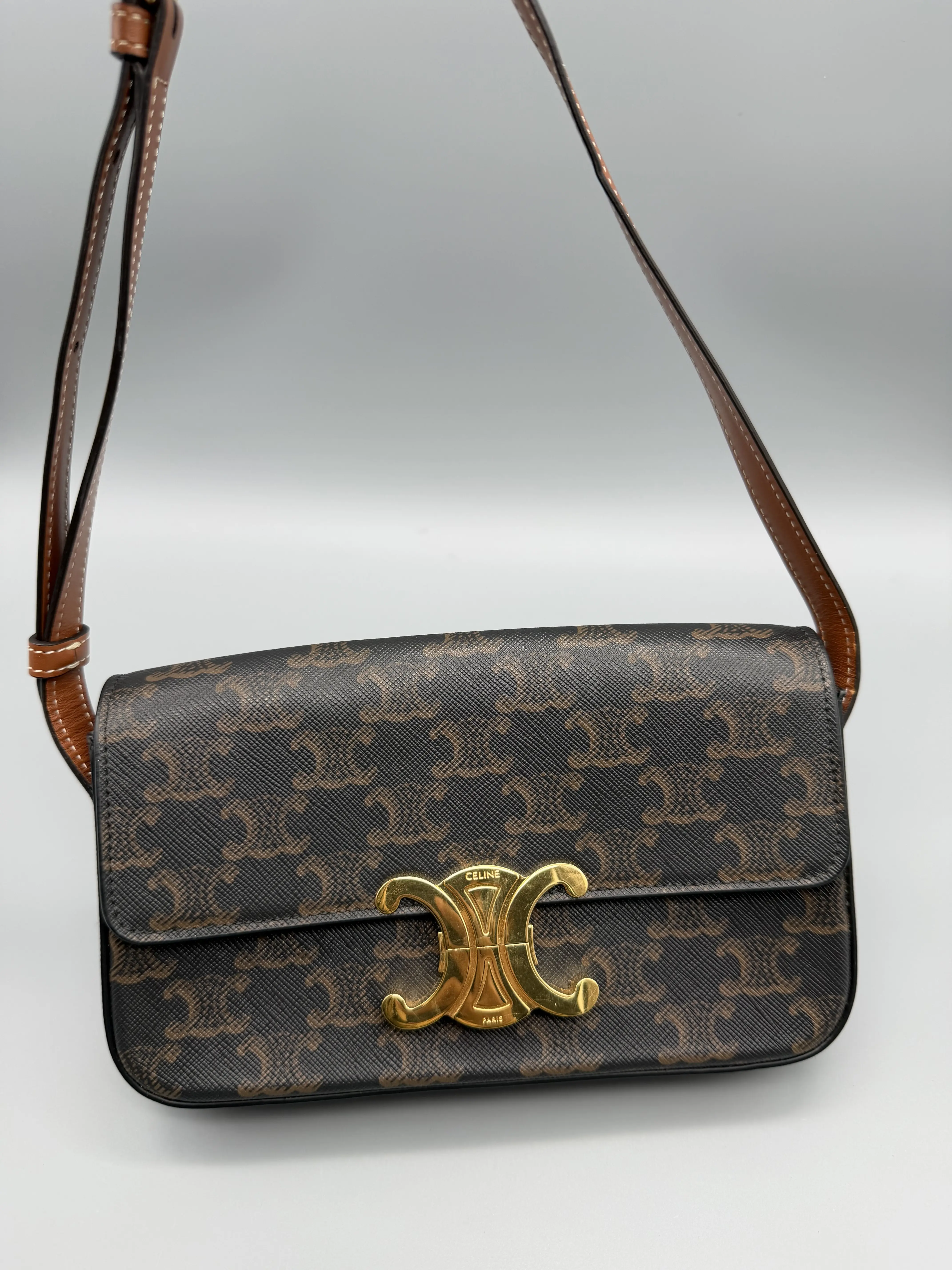 Pre-owned Celine Coated Canvas Shoulder Bags Handbag Shoulder Purse, Triomphe Claude Style, Gold CC Buckle, Adjustable Strap