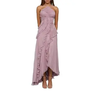 Women's Ruffled Halter  track Maxi  Sexy Boned Dress, High Low Pleated Formal  Low-cut Party Dress vintage activewear