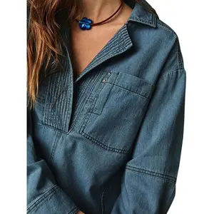 Womens Denim Pullover Casual Button V Neck Blouse Loose Fit Long Sleeve Jean Jacket With Pocket