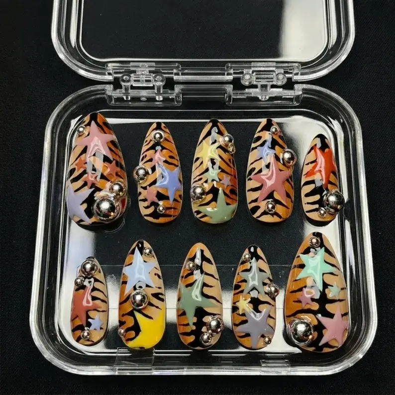Handmade Tiger Print Almond Press On Nails - Y2K Stars, Statement Glam Nail Art Decoration for Beauty & Personal Care