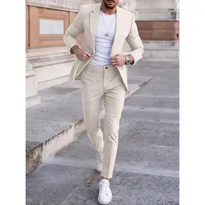 Two-Piece Men’s Solid Color Business Suit – Slim Fit Blazer and Dress Pants Set for All Seasons, Perfect for Going Out, Wedding Events, and Office Meetings; High-Quality Wool Blend Fabric, Wrinkle-Resistant and Easy Care