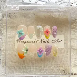Macaron Color Block 3D Flower Press On Nails, Handmade Reusable Almond Fake Nails
