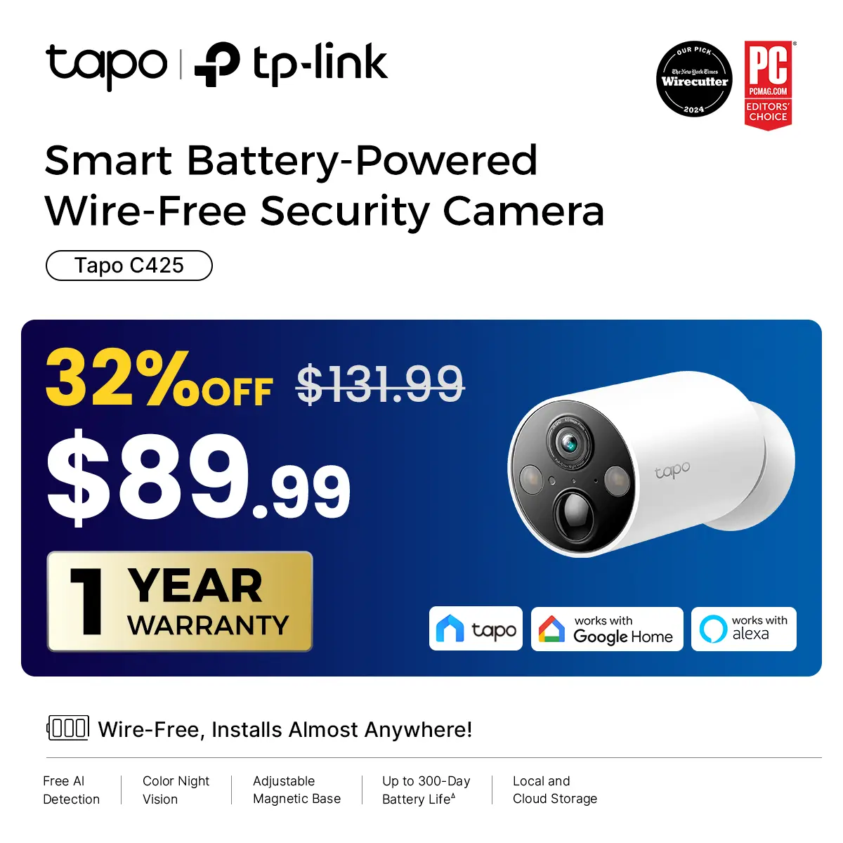 TP-Link & Tapo C425 - Editors’ Choice 2K QHD Wireless Outdoor Security Camera with Magnetic Mount, Long-Lasting Battery, AI Detection, 150° FOV, Color Night Vision, IP66 Weatherproof