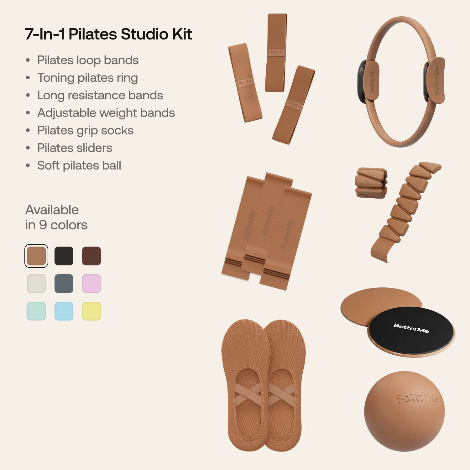 BetterMe Unisex Mocha 7-Piece Compact Pilates Kit - Home Workout Equipment, Studio-Ready Yoga & Pilates Gear with Resistance Ring, Sliders, Bands, Ball, Socks, Seven Pieces