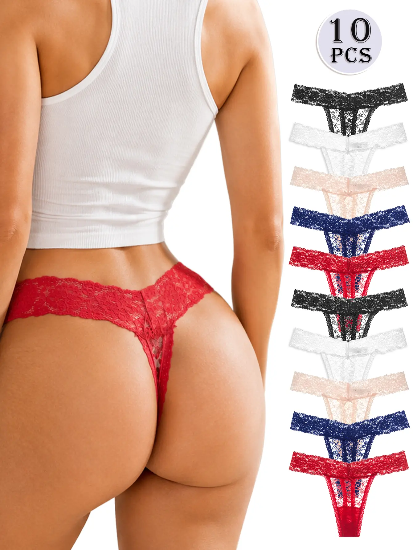 Women's 10-Pack Lace Thong Panties with Bow Design - Preppy, Basic, Minimalist Womenswear Clothes for Everyday Wear, Anniversaries, Lacy