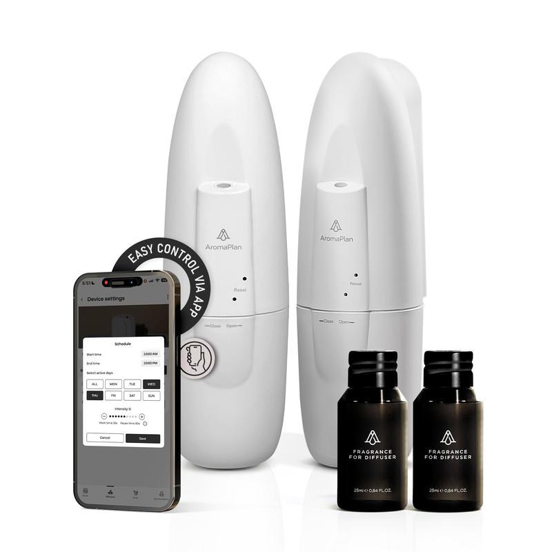 AromaPlan White Smart Plug-in Waterless Diffuser Set (2-Pack) with 2 Non-Toxic Floral Oil Fragrance Bottles - Bouquet Room Freshener for Birthday, Casual, Engagement Use