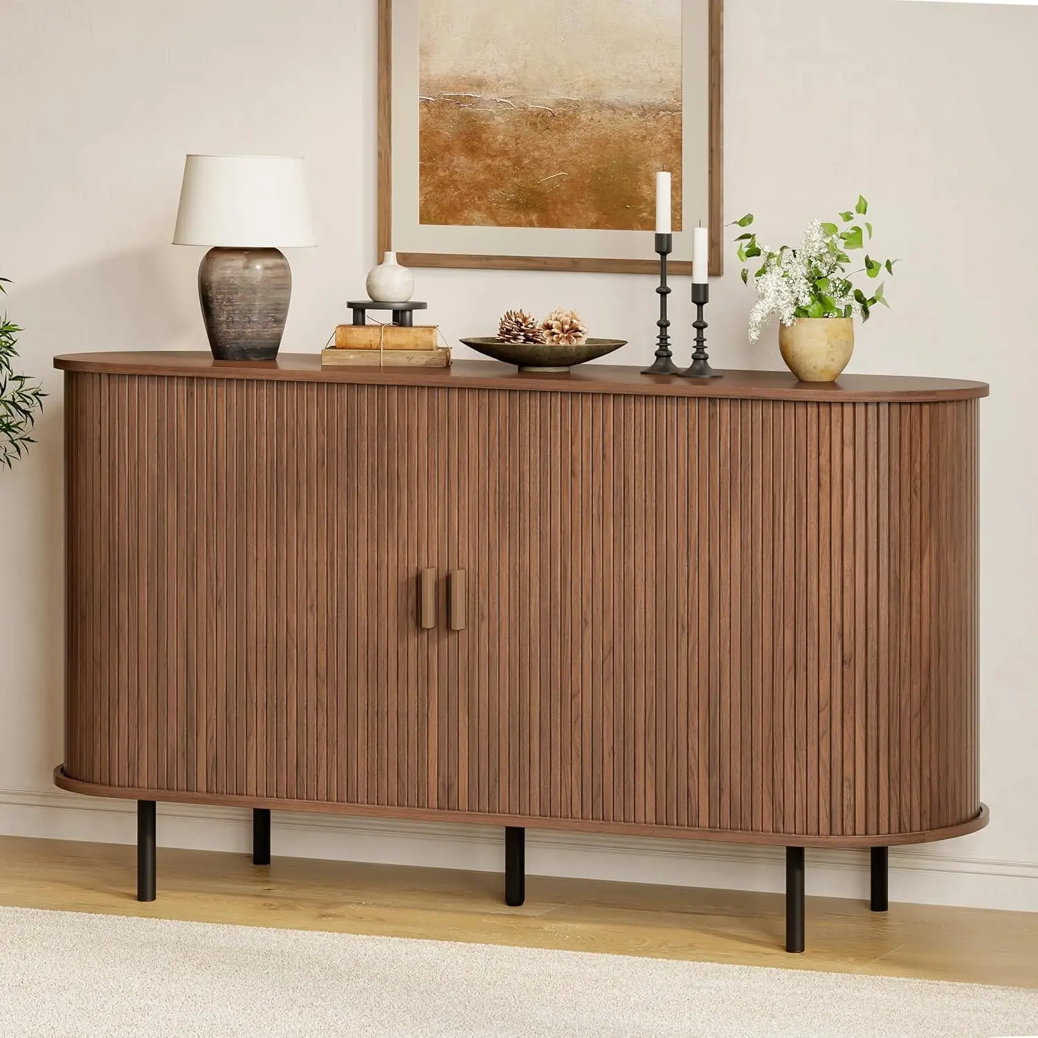 ComfyCorner 55" Fluted Buffet Sideboard Cabinet with Sliding Door, Walnut | Modern Storage Cabinet with Storage & Adjustable Shelf, Accent Coffee Bar Console Table for Kitchen, Dining Room and Entryway