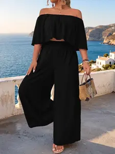 Women's Plus Size Two Piece Sets Off Shoulder Ruffle Crop Top High Waist Wide Leg Pants Matching Sets Solid Black Flowy Casual Summer Vacation Outfits Resort Wear Elegant Boho Co-ord Spring