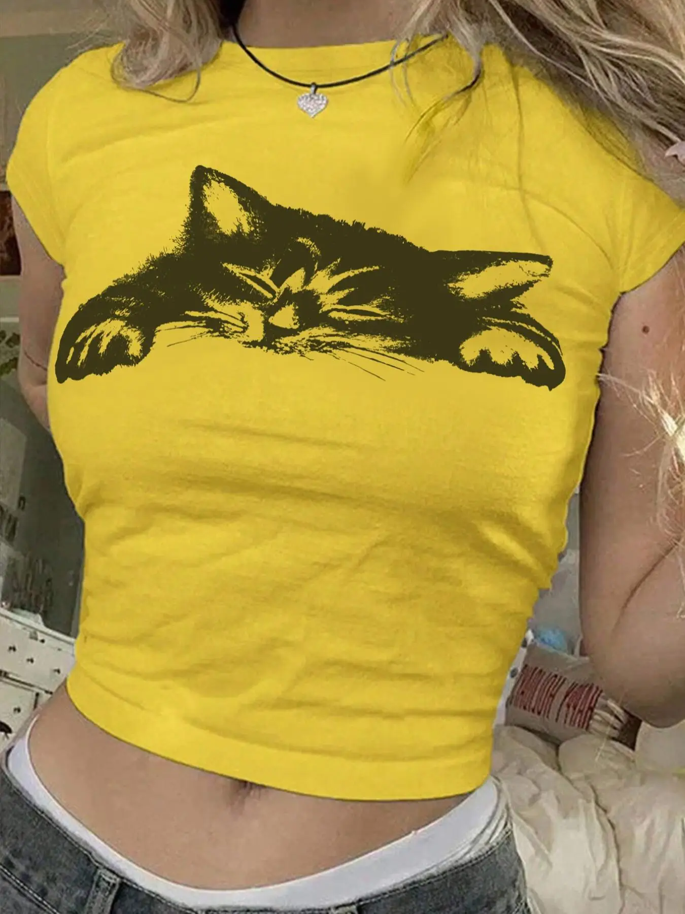 Women's Cat Print Round Neck Tee, Casual Slim-fitting Short Sleeve T-shirt for Daily Wear, Ladies Clothes for All Seasons