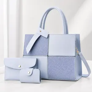Women’s Patchwork Tote Bag Set, Medium PU Leather Shoulder Handbag with Matching Pouch and Card Holder, Zip Closure, Colorblock Work Purse for Travel, Office and Daily Use
