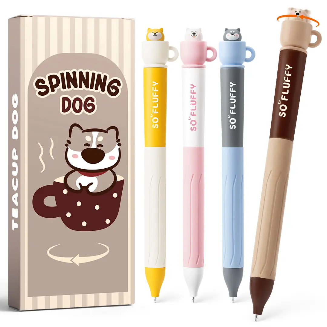 4 Pcs Gel Pens, Cute Rotating Dog Gel Pen Set, 360° Fidget Spinner Pens, Twist-to-Write 0.5mm Black Ink, Quick Dry Smooth Writing for School, Office & Journaling
