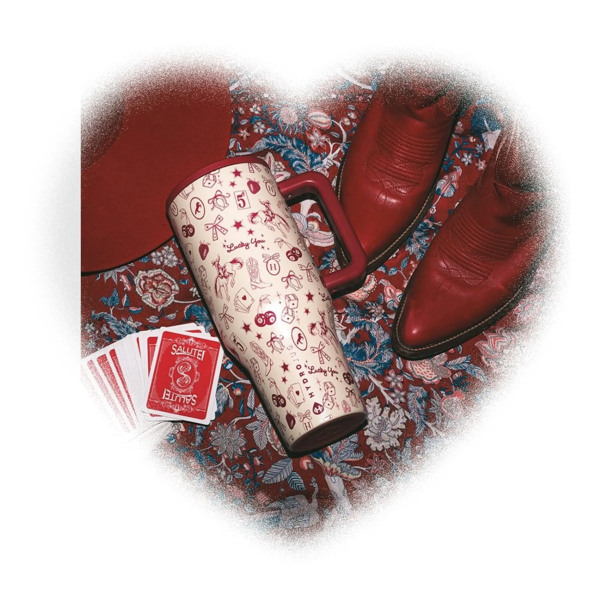Hydrojug 40 Oz Red Denim Pattern Insulated Double-Layer Stainless Steel Flip-Cover Water Bottle - Large Capacity Tumbler for Commuting, Outdoor Activities