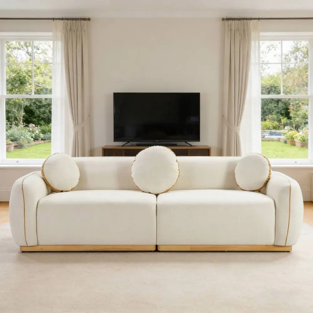 90.94'' Modern Cloth Creamy Crescent-Shaped Cushion Sofa Set, 3 Round Accent Pillows for Home Theater, Lounge, Cloth Sofa Sets, Creamy Sofa Sets