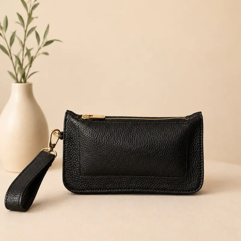Black Leather Clutch Bag with Handle - Three Zipper Compartments, Made in Mexico, Perfect for Everyday Use