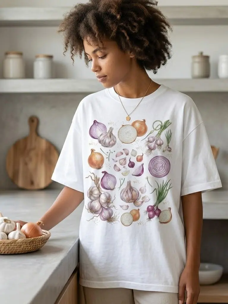 Vintage Garlic Onion Graphic T-Shirt Botanical Kitchen Cook Unisex Gift Tee