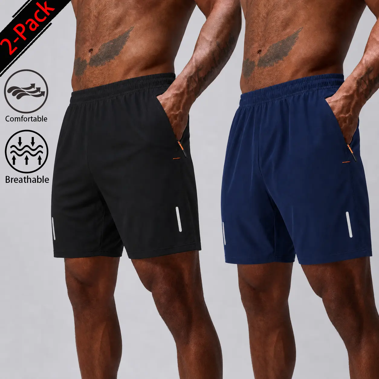 Men’s 1- or 2-pack premium ultra-soft ice silk quick-dry fitness shorts — cool, washable, multifunctional, sweat-wicking, lightweight, with zippered pockets and reflective stripes; suitable for summer workouts and jogging; cool men’s shorts, washable men’