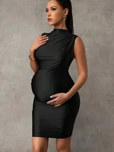 Sleeveless Stand Collar Maternity Dress Black Mini Bodycon Fitted High Stretch Knitted Fabric for Summer Beach Home Party