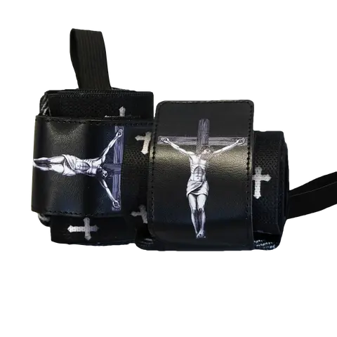 Saint-Themed Jesus Crucified Sports Wrist Wraps for Christian Athletes - Performance-Focused, Thumb-Secured Adjustable Fit, Stylish, Storage-Friendly, Velcro Straps for Strength Training Stability, Designed by Christian Athletes