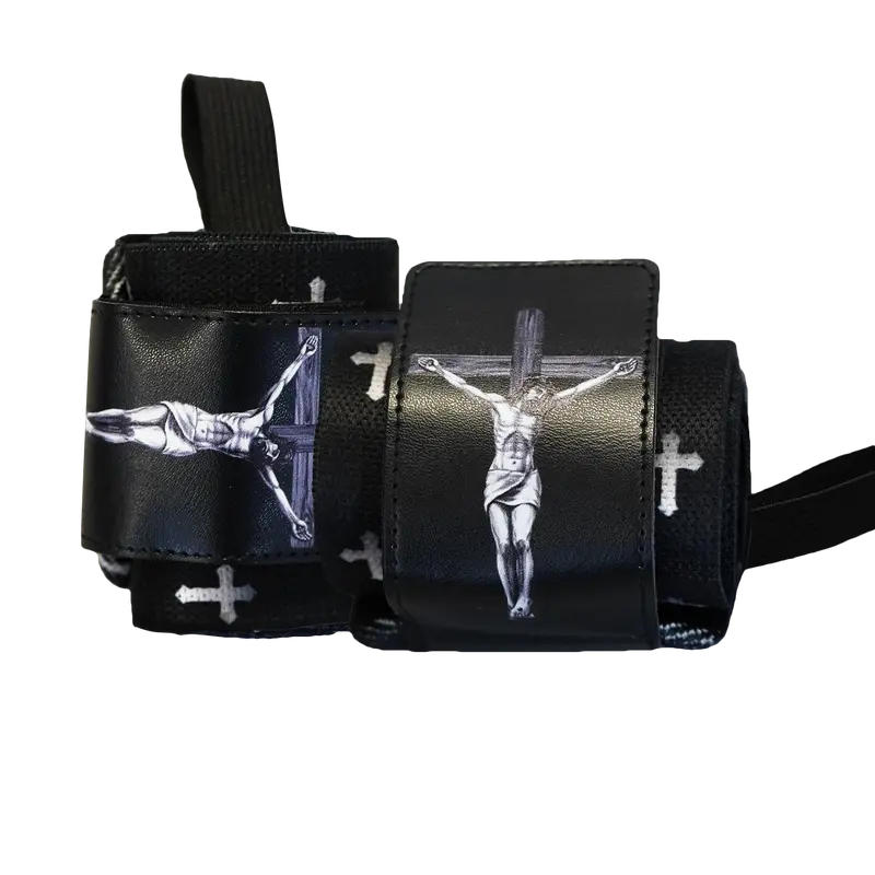 Saint-Themed Jesus Crucified Sports Wrist Wraps for Christian Athletes - Performance-Focused, Thumb-Secured Adjustable Fit, Stylish, Storage-Friendly, Velcro Straps for Strength Training Stability, Designed by Christian Athletes