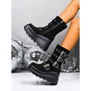 Women's High Heel Knight Boots, Dark Punk Style Mid-Calf Round Toe Lace-Up Motorcycle Boots, Trendy Casual Shoes for Women