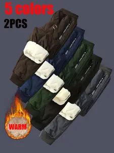 2 Men's Warm Winter Pants with Fleece Lining - Adjustable Zip Closure, Full-Length Outdoor Ski Pants with Pockets, Machine Washable Polyester Fiber Suitable for Hiking, Snowboarding, Running, and Casual Wear - Available in Multiple Colors (Black, Gray, Na