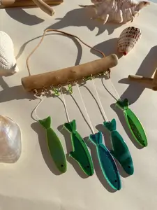 Stained Glass Sardine Wind Chime Coastal Sun Catcher, Handmade Glass Hanging Art, Sea Reef Green