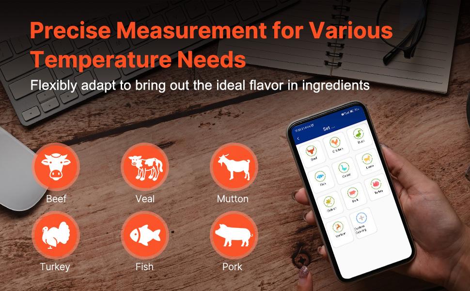 VEVOR Wireless Meat Thermometer Bluetooth Meat Probe 500 ft Range for Cooking